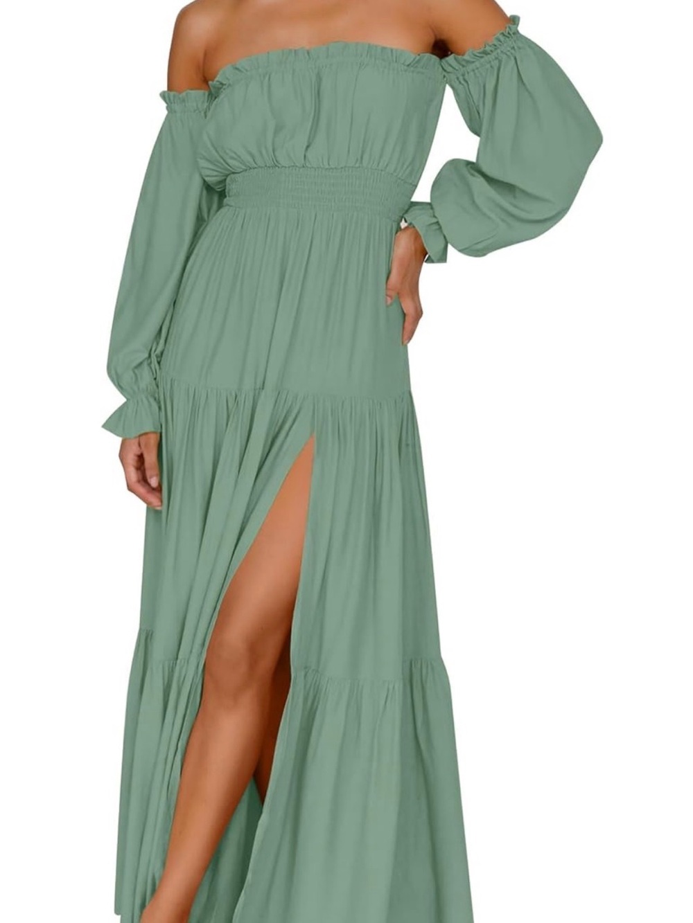 Off-Shoulder Long Sleeve Maxi Dress in Sage Green with High Slit by Zesica